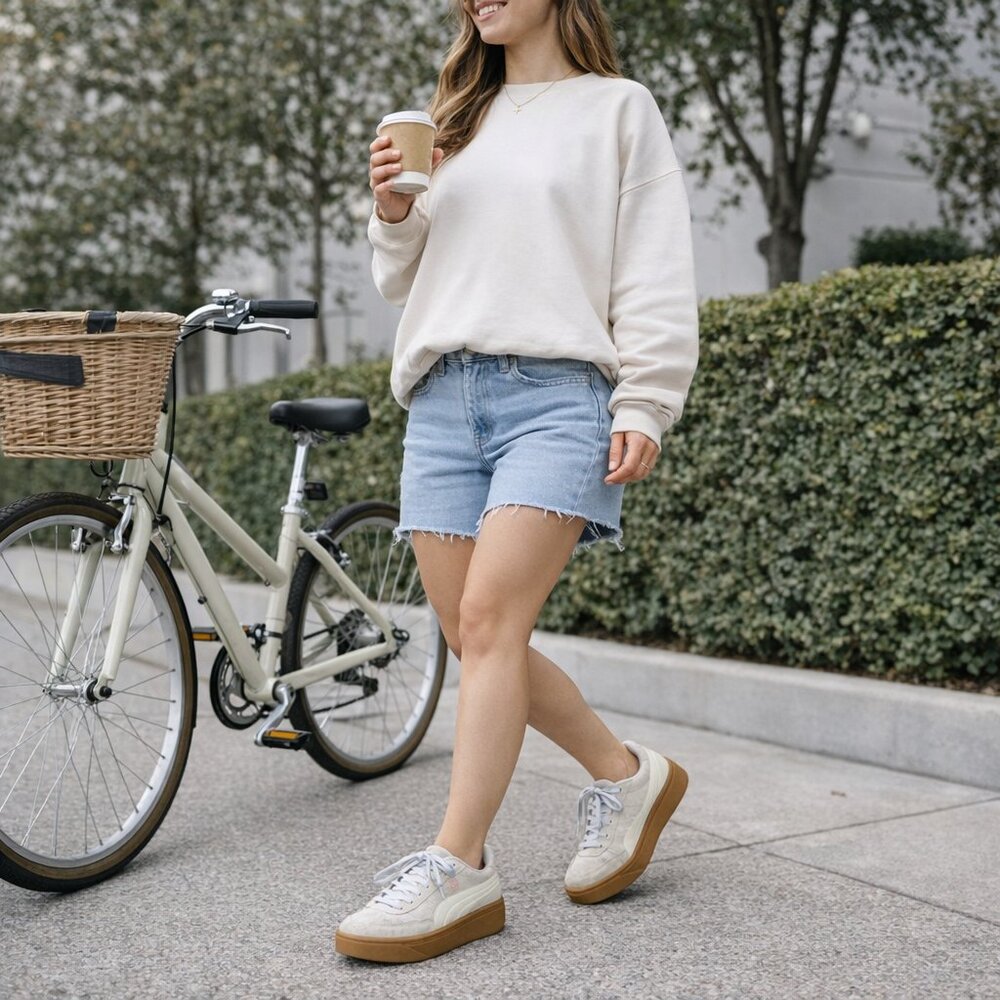 Puma Carina Platform Sneakers Womens 9.5 Greige Suede Gum Sole Casual - Picture 2 of 8